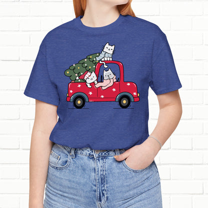 Christmas Tree Cats In Red Pickup Truck Funny Unisex T-Shirt