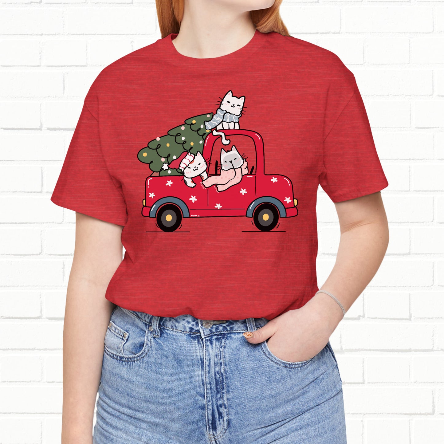 Christmas Tree Cats In Red Pickup Truck Funny Unisex T-Shirt