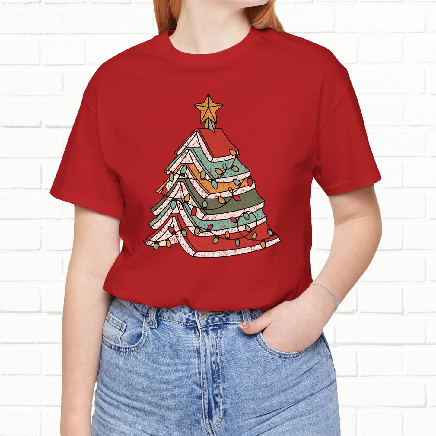 Books Christmas Tree, Gift For Book Lovers, Wintery Unisex T-shirt