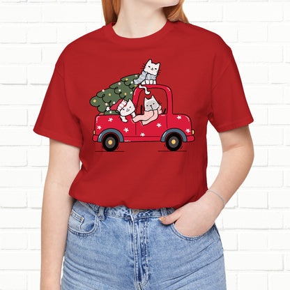 Christmas Tree Cats In Red Pickup Truck Funny Unisex T-Shirt
