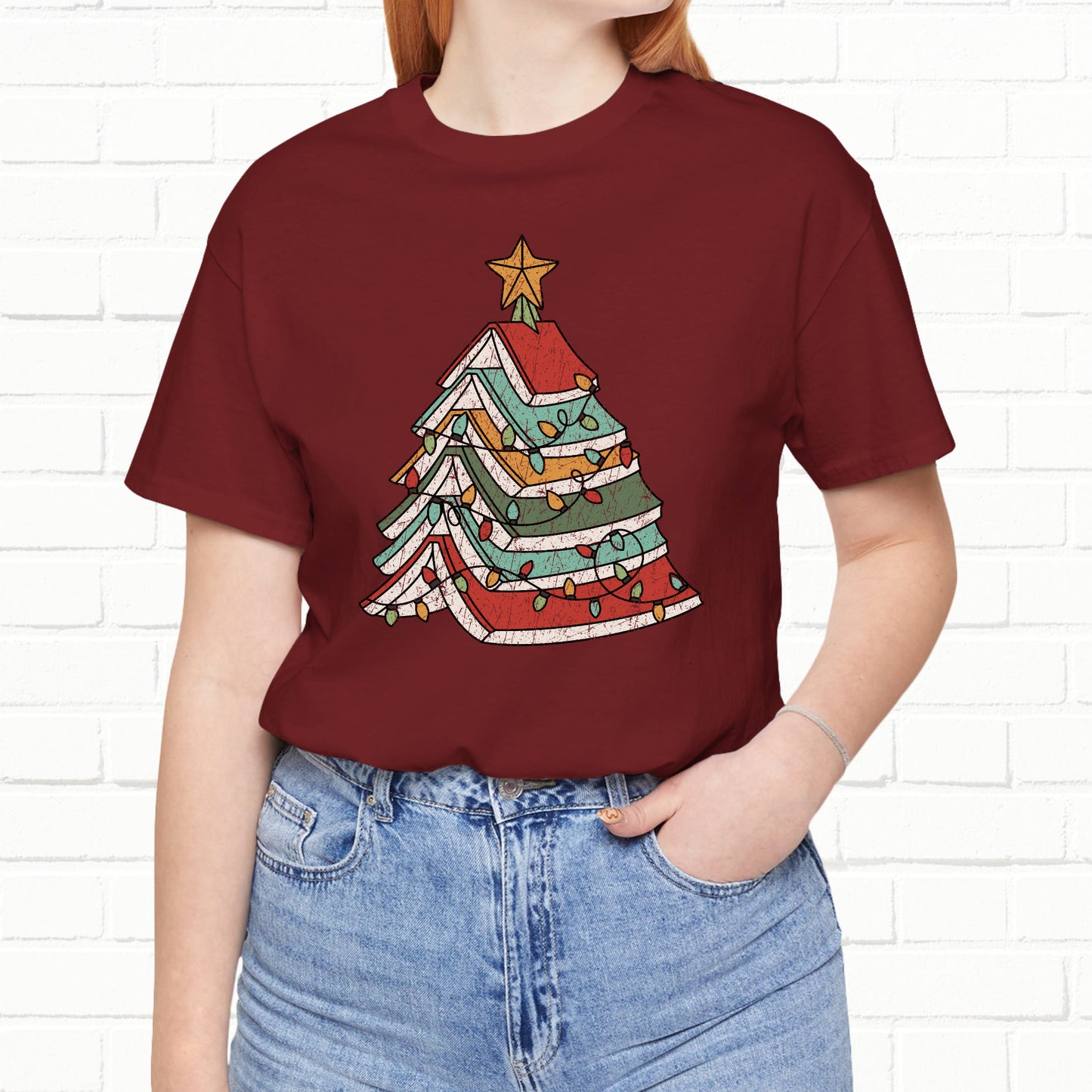 Books Christmas Tree, Gift For Book Lovers, Wintery Unisex T-shirt
