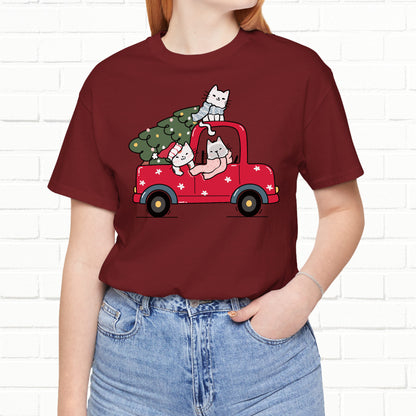 Christmas Tree Cats In Red Pickup Truck Funny Unisex T-Shirt