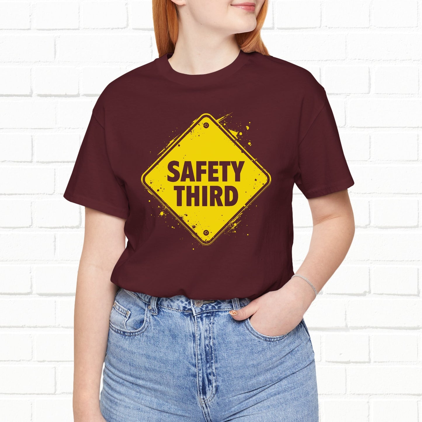 Safety Third Yellow Caution Sign Funny Sarcastic Unisex T-shirt
