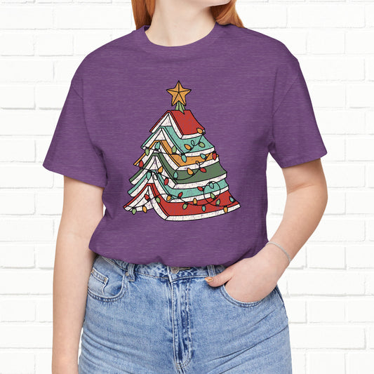 Books Christmas Tree, Gift For Book Lovers, Wintery Unisex T-shirt