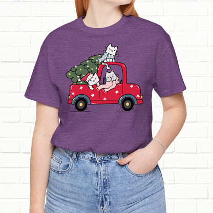 Christmas Tree Cats In Red Pickup Truck Funny Unisex T-Shirt