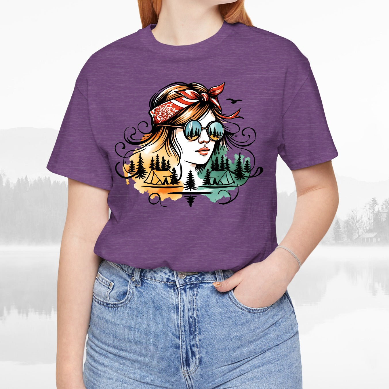 Outdoors Camping Girl With Bandana Colorful Art Unisex Hiking T-Shirt