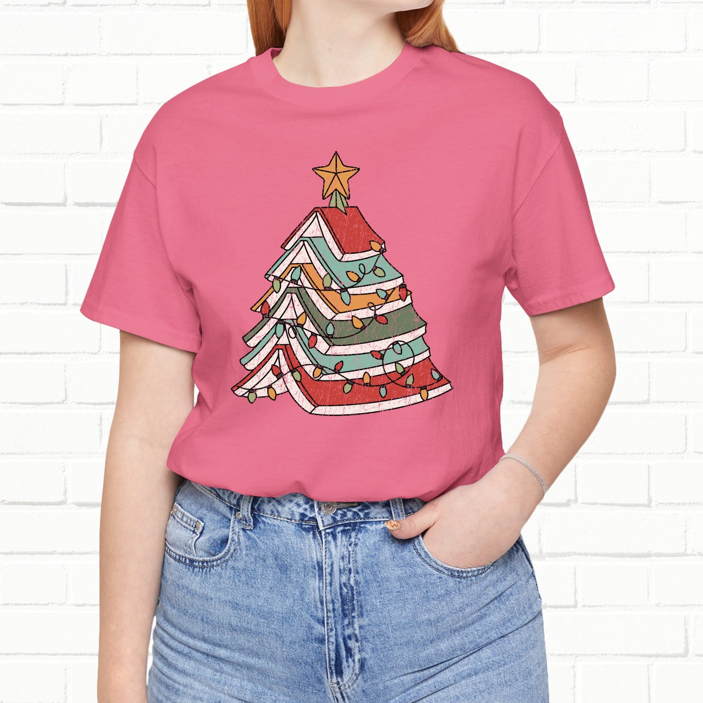 Books Christmas Tree, Gift For Book Lovers, Wintery Unisex T-shirt