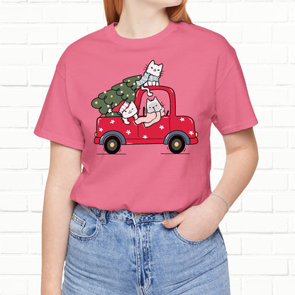Christmas Tree Cats In Red Pickup Truck Funny Unisex T-Shirt
