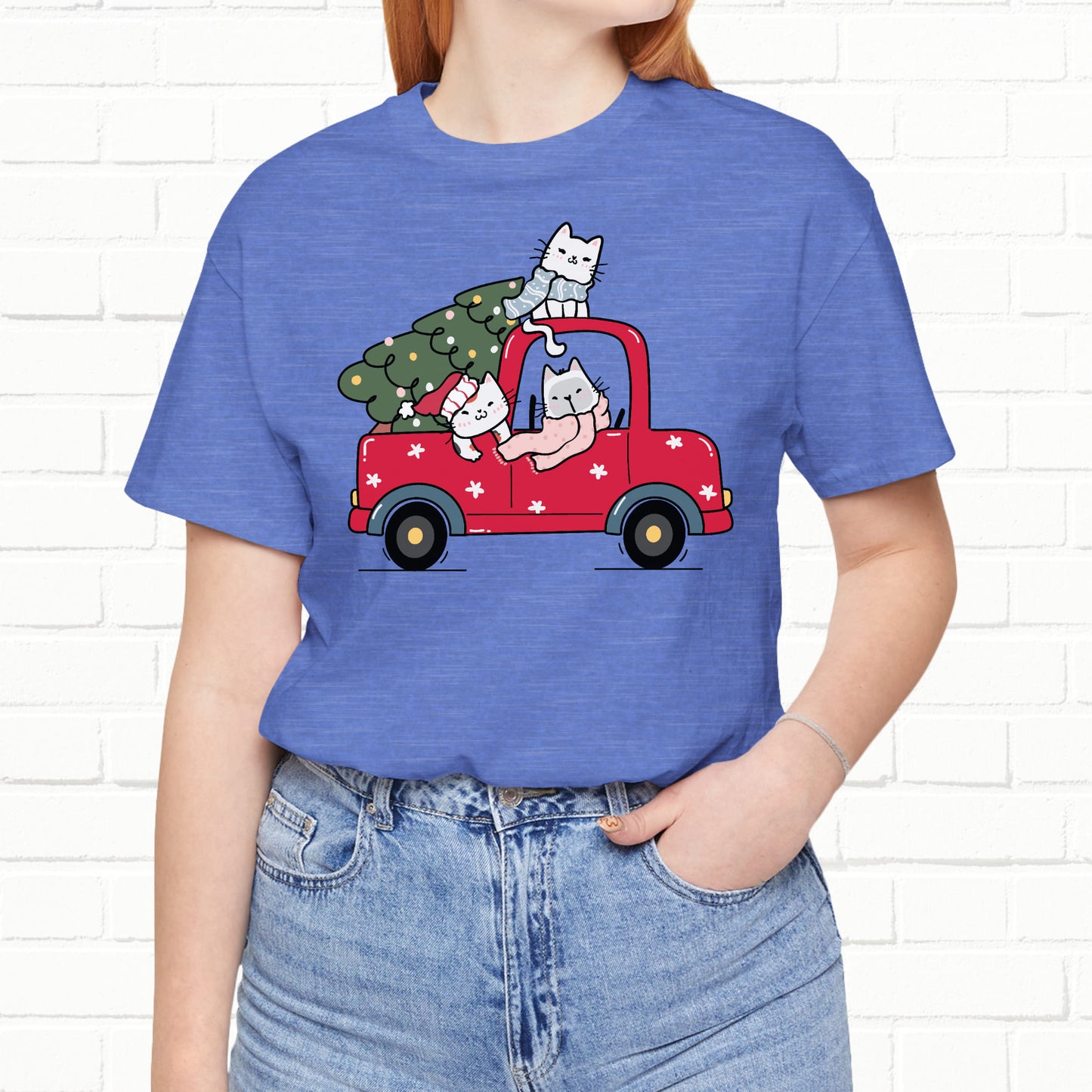 Christmas Tree Cats In Red Pickup Truck Funny Unisex T-Shirt