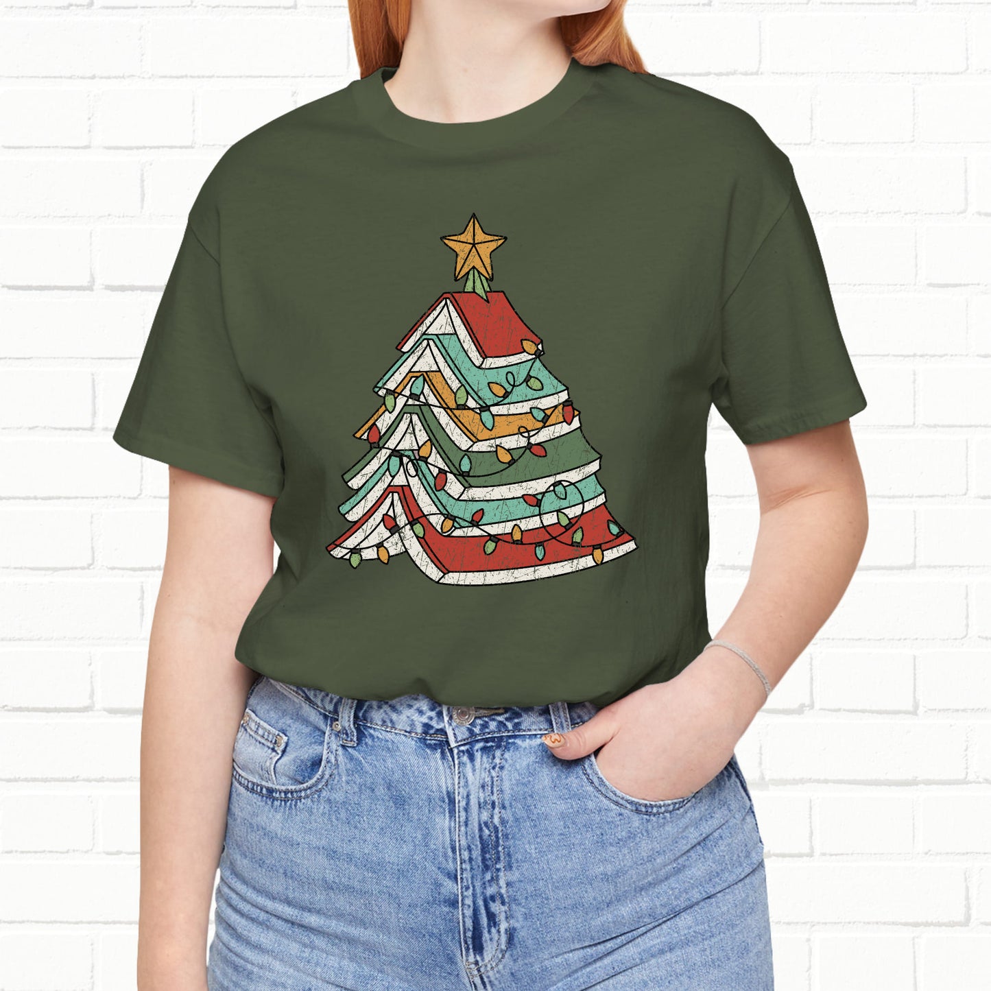 Books Christmas Tree, Gift For Book Lovers, Wintery Unisex T-shirt