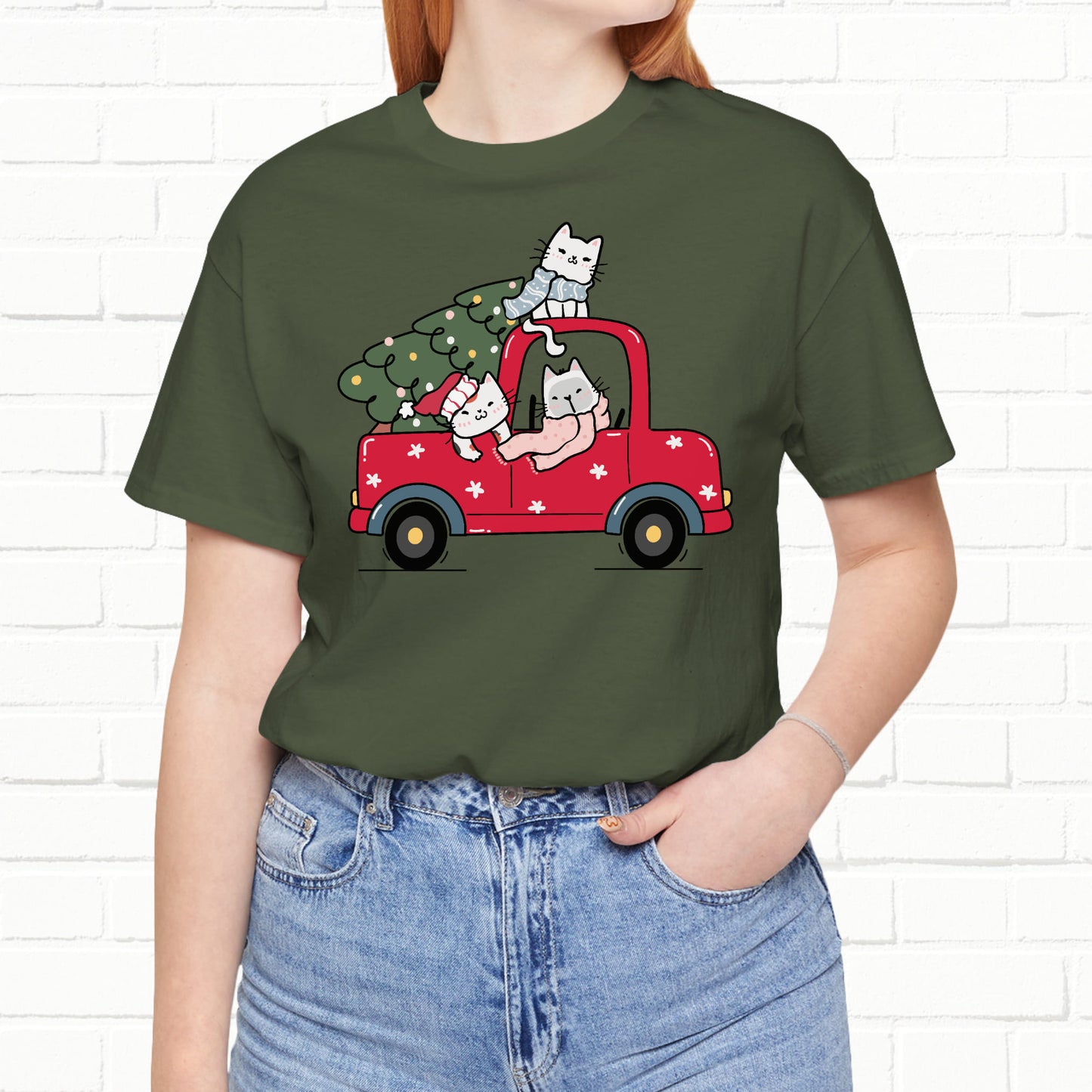 Christmas Tree Cats In Red Pickup Truck Funny Unisex T-Shirt