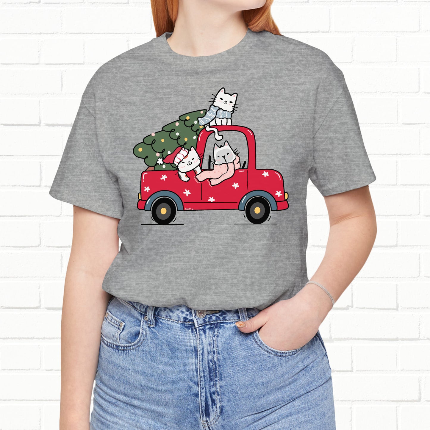 Christmas Tree Cats In Red Pickup Truck Funny Unisex T-Shirt