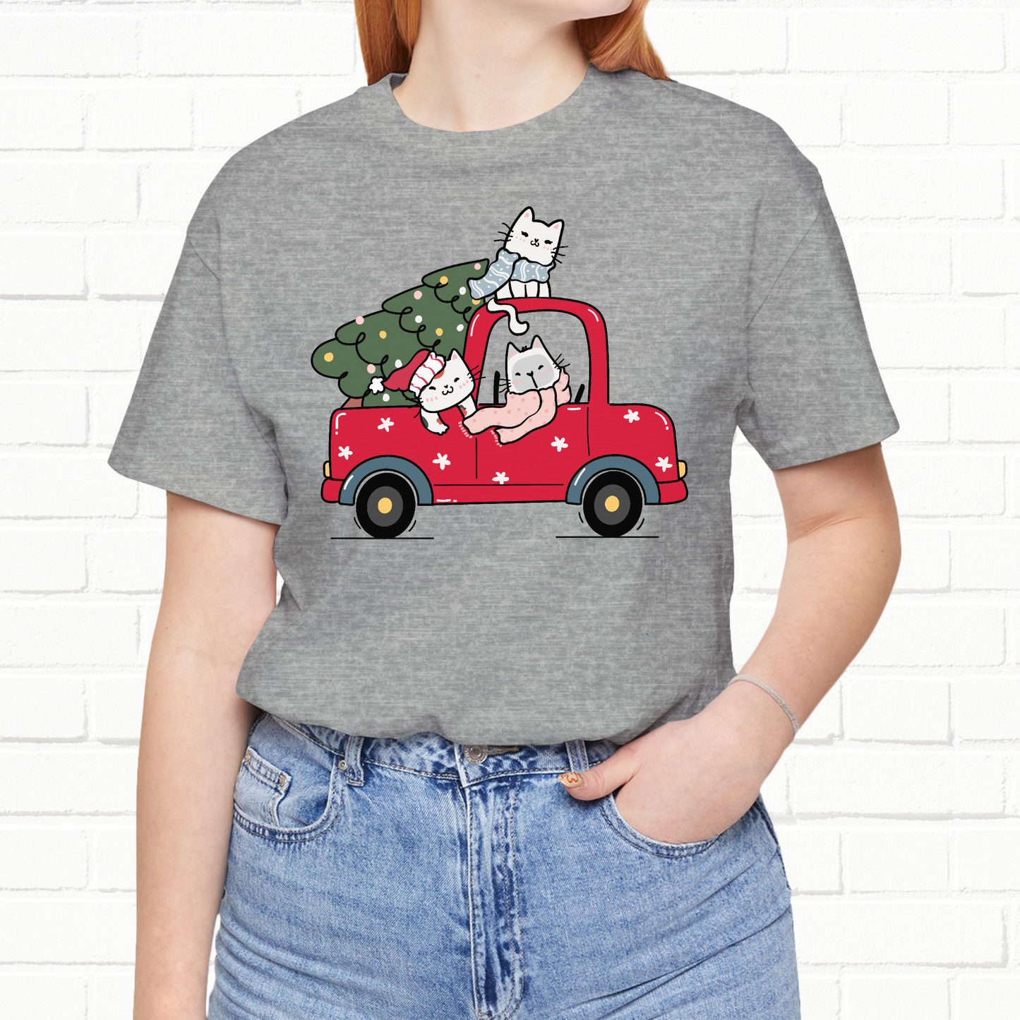 Christmas Tree Cats In Red Pickup Truck Funny Unisex T-Shirt