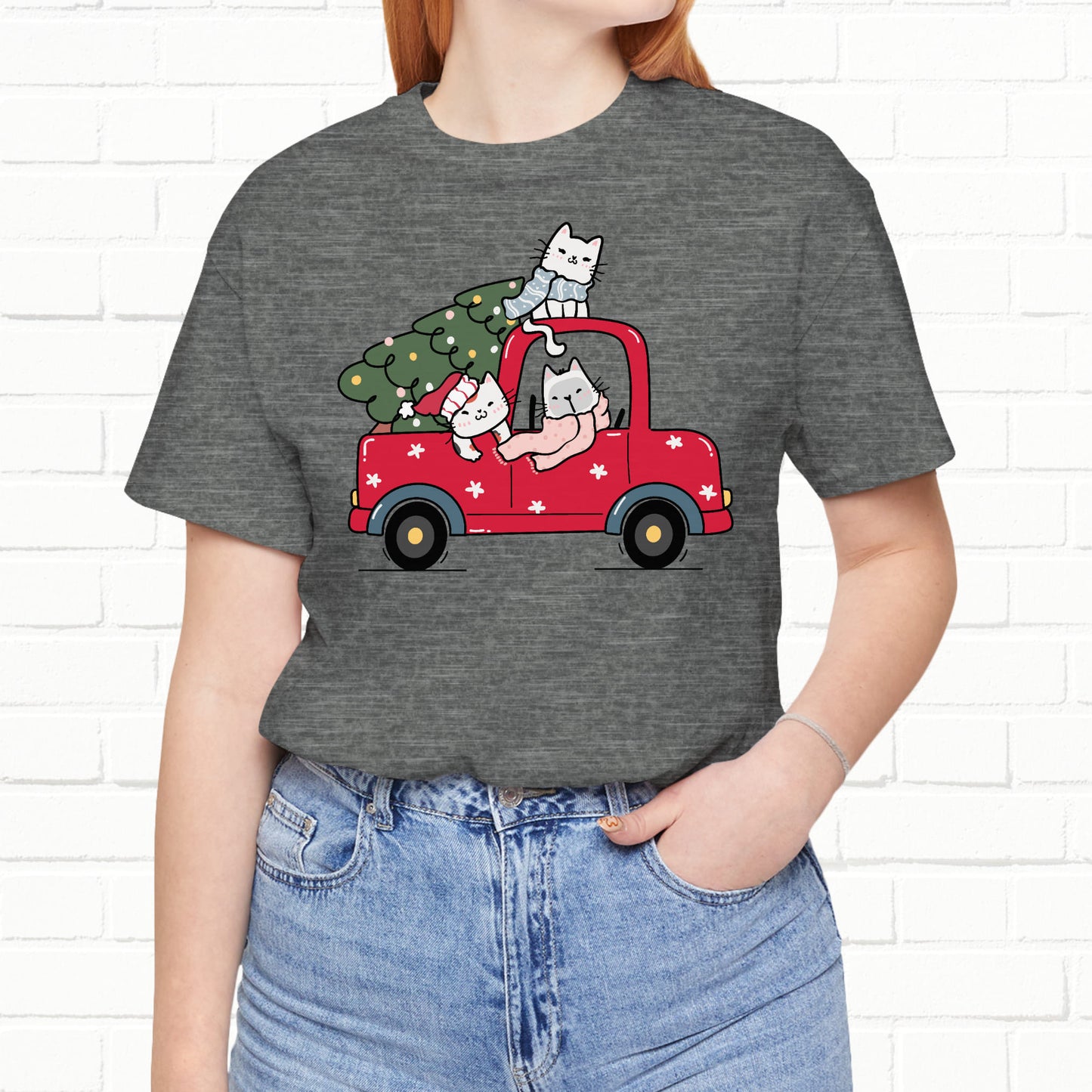 Christmas Tree Cats In Red Pickup Truck Funny Unisex T-Shirt