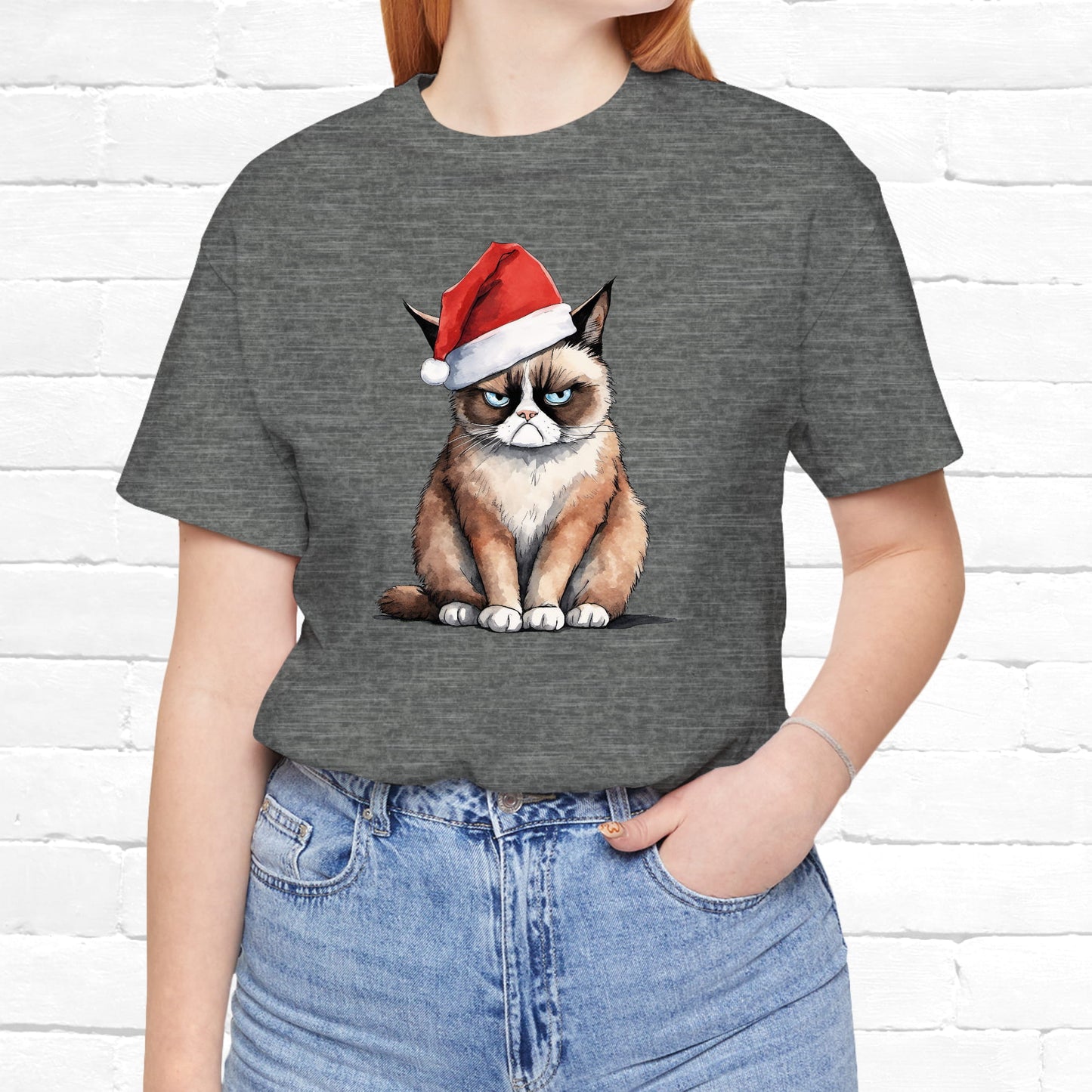 Grumpy Cat Wearing Santa Hat Funny Christmas Unisex T-Shirt