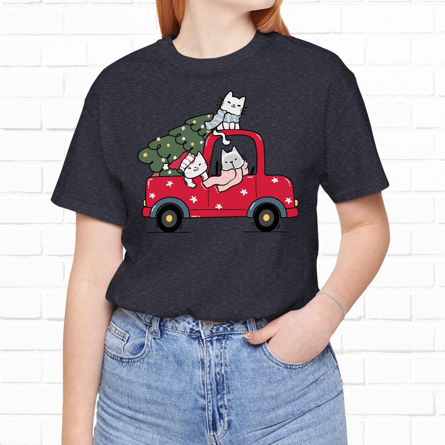 Christmas Tree Cats In Red Pickup Truck Funny Unisex T-Shirt