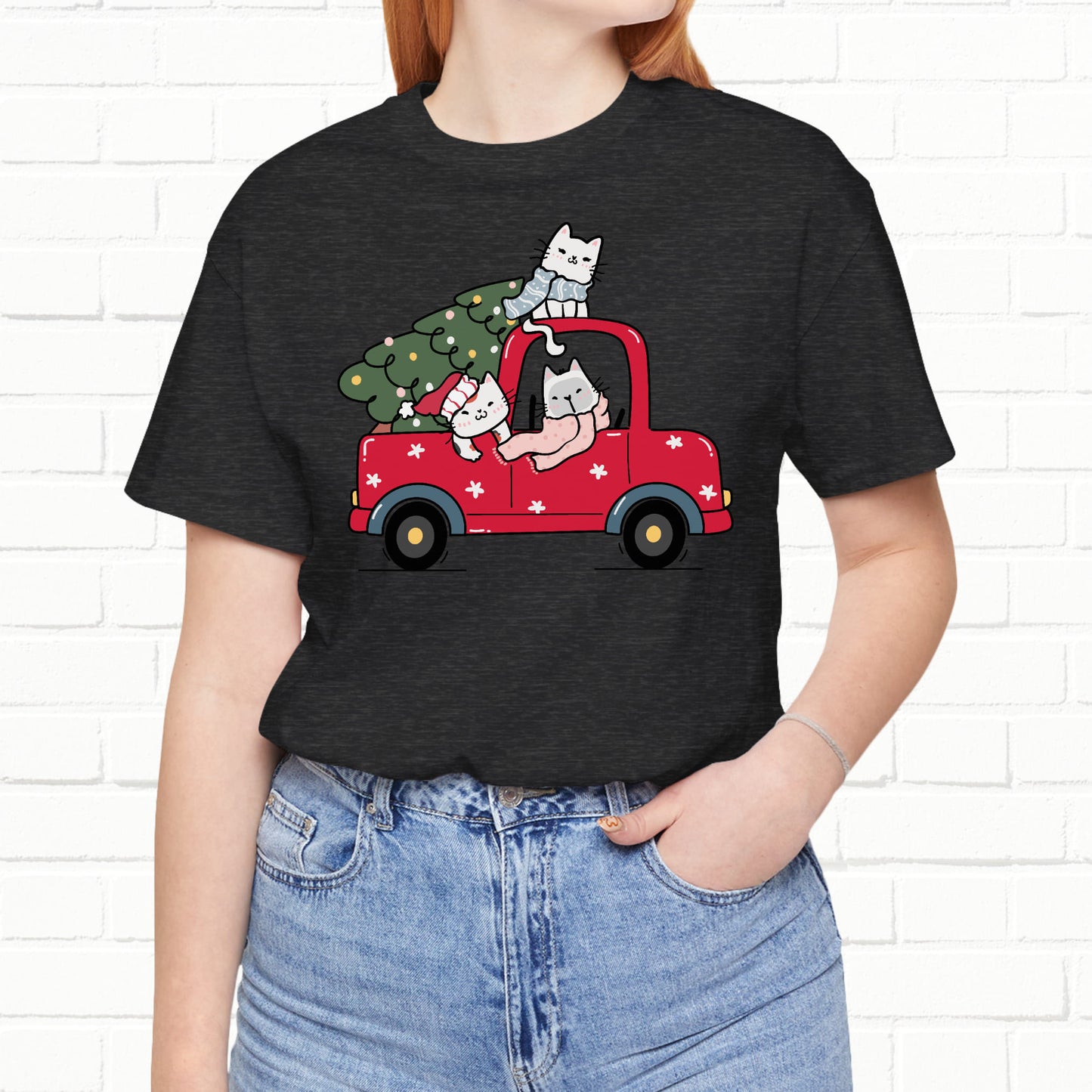 Christmas Tree Cats In Red Pickup Truck Funny Unisex T-Shirt