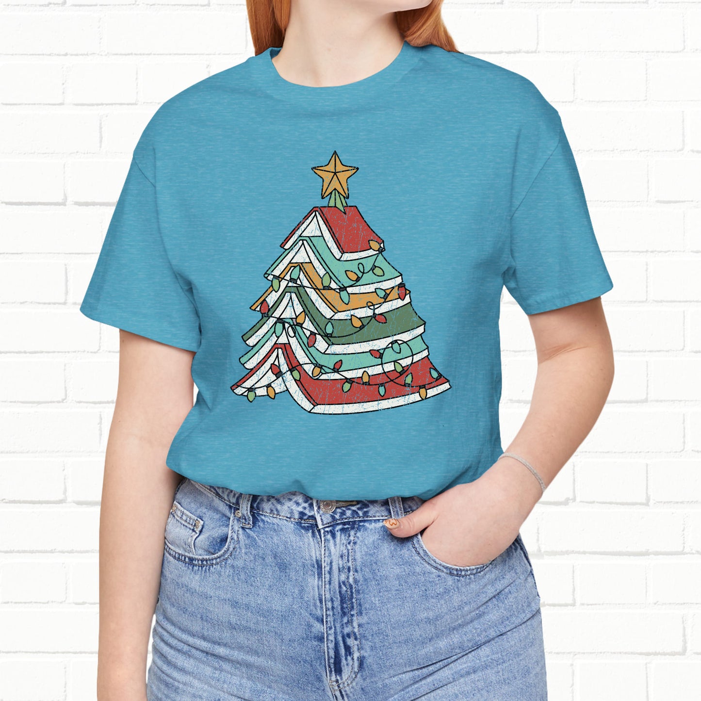 Books Christmas Tree, Gift For Book Lovers, Wintery Unisex T-shirt