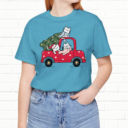 Christmas Tree Cats In Red Pickup Truck Funny Unisex T-Shirt