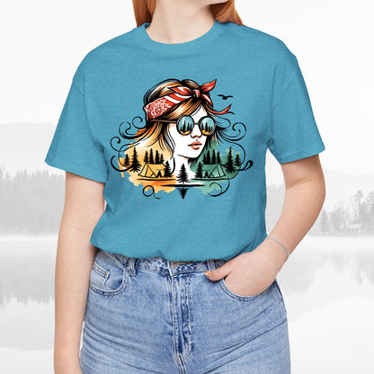Outdoors Camping Girl With Bandana Colorful Art Unisex Hiking T-Shirt