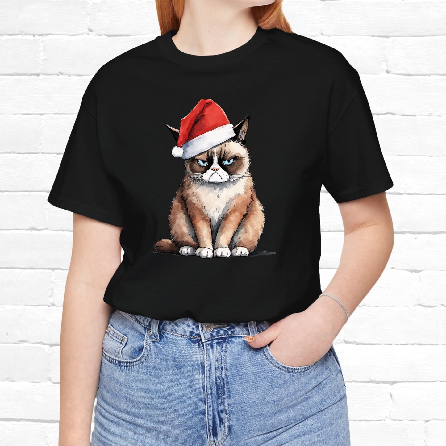 Grumpy Cat Wearing Santa Hat Funny Christmas Unisex T-Shirt