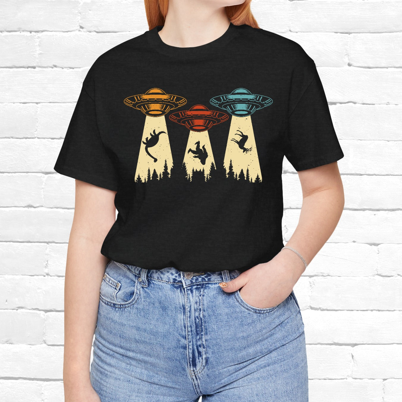 UFO Taking Dinosaur Bigfoot Deer Funny Outdoors Unisex T-Shirt