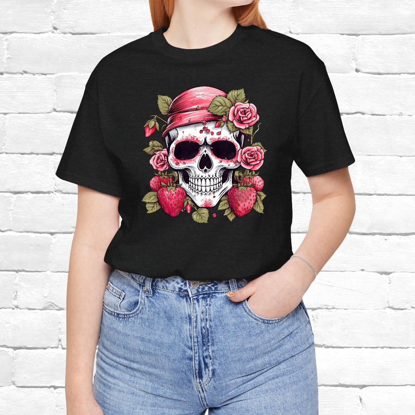 Skull Bandana Strawberries Flowers Art Unisex T-Shirt