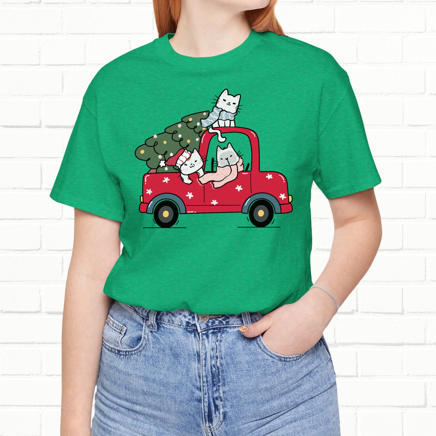 Christmas Tree Cats In Red Pickup Truck Funny Unisex T-Shirt