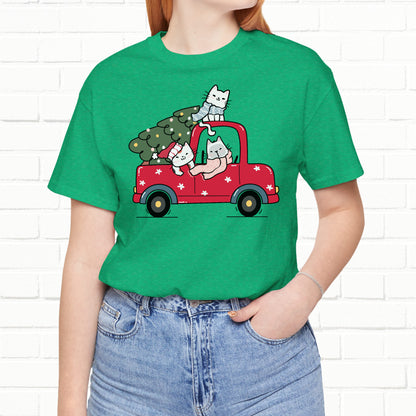 Christmas Tree Cats In Red Pickup Truck Funny Unisex T-Shirt