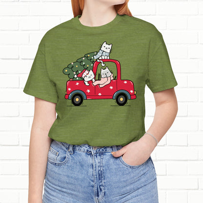 Christmas Tree Cats In Red Pickup Truck Funny Unisex T-Shirt