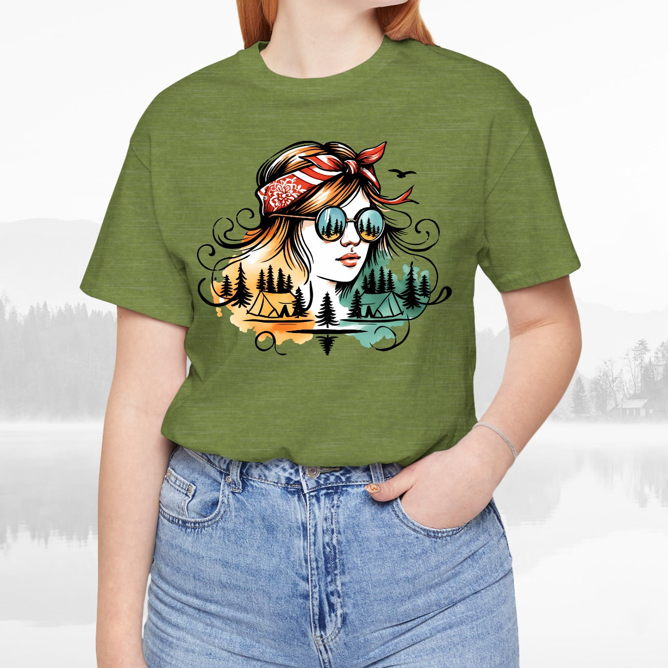 Outdoors Camping Girl With Bandana Colorful Art Unisex Hiking T-Shirt