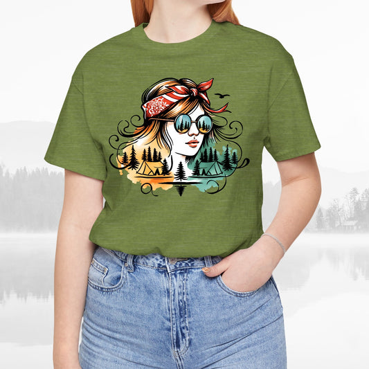 Outdoors Camping Girl With Bandana Colorful Art Unisex Hiking T-Shirt