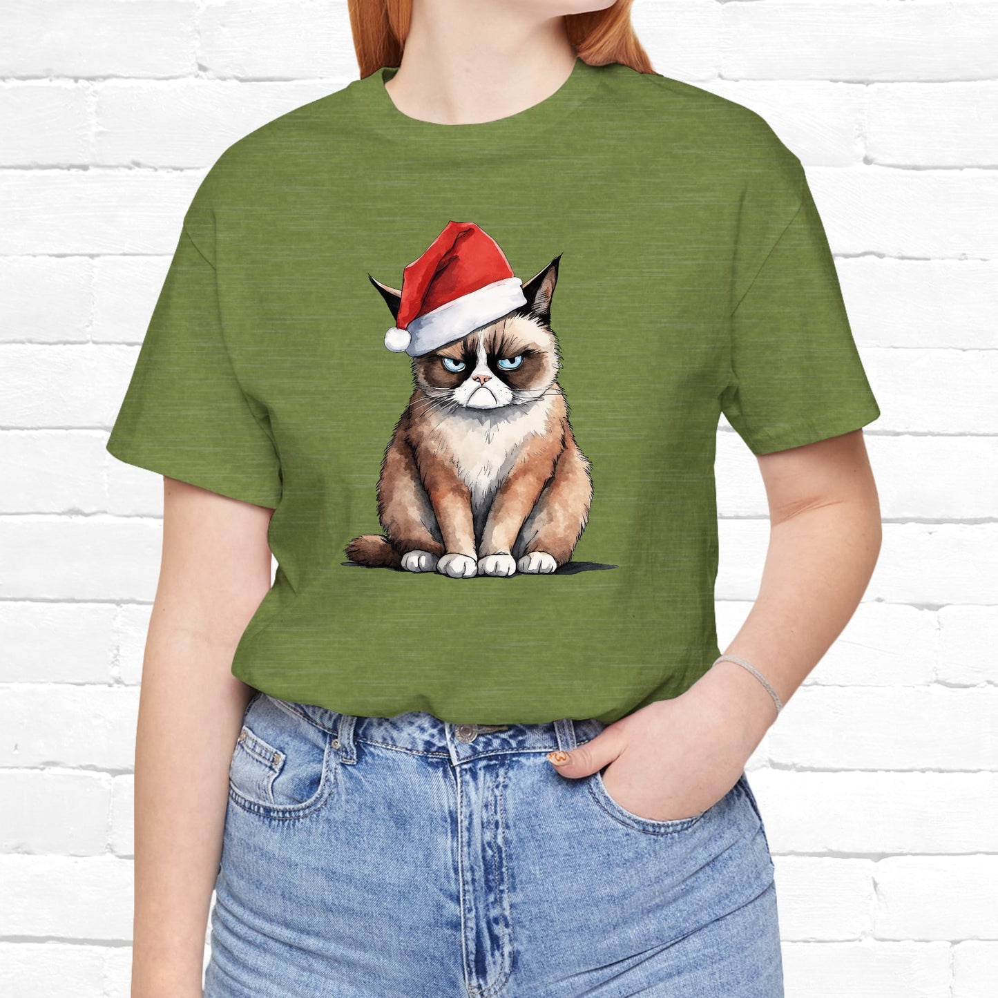 Grumpy Cat Wearing Santa Hat Funny Christmas Unisex T-Shirt