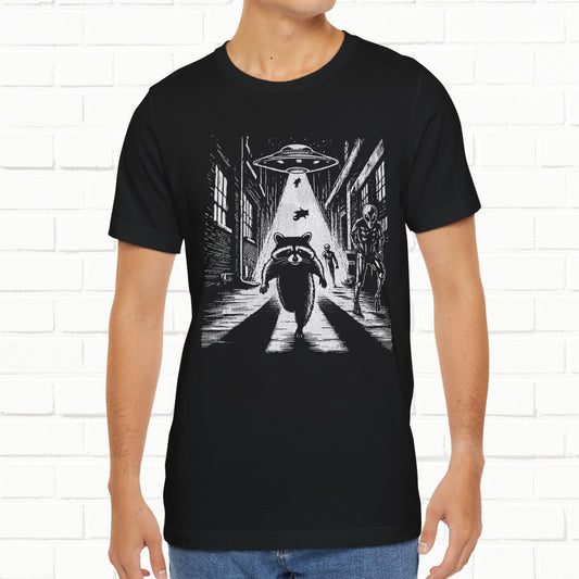 Raccoon Alien Running Streets Spaceship Line Art Unisex T-Shirt
